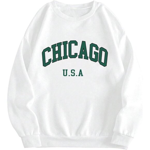 ⚡Women White Chicago Imported Graphic Crewneck Long Sleeve Pullover Sweatshirt - Picture 1 of 5